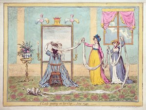 Een Dame die haar Muts Opzet, gepubliceerd in 1795 (handgekleurde ets)